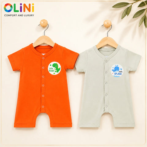 Cotton Jersey Short Leg Rompers - Pack of 2 - Orange & Murmur - NUJ - OLINI