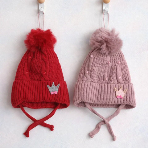 Pack of 2 - Woolen Caps - Pink & Red - Beads & Bow - 26