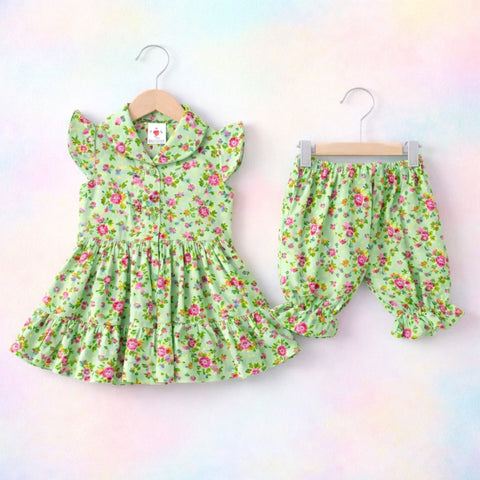 PR - 2 Pieces - Frock Set - Green - Pink Rose