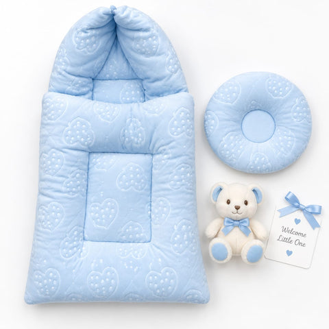 Fleece Hooded Baby Carry Nest – Light Blue Circles | Soft Newborn Sleeping Bag & Carry Bed