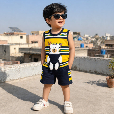 Cotton Jersey - Sando & Short - Yellow & Navy - Happy Bear