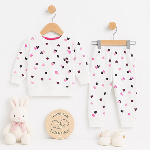 A baby clothing set displayed on wooden hangers against a white background, featuring a long-sleeve top and matching pants with an allover heart pattern in pink and black. The set is styled with a plush white bunny toy, a round wooden 'Newborn Essentials'