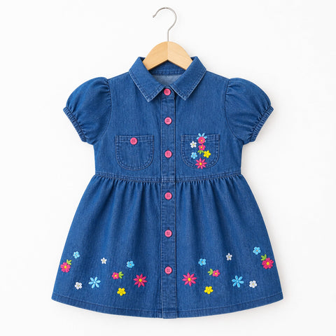 Liberty - Embroidered Jeans Frock - Blue - Colorful Flowers