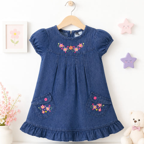 Liberty - Embroidered Jeans Long Frock - Blue - Stripe Floral