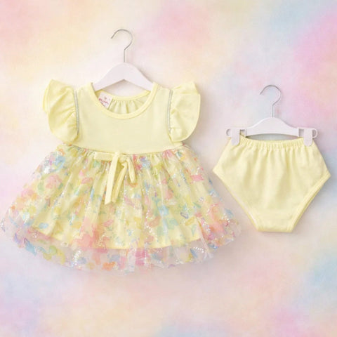 Glamour - Short Sleeve - Fancy Frock Set - Yellow - Net Flowers