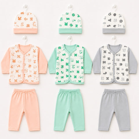 Nine baby clothing sets arranged in a 3x3 grid on a white background, each set including a hat, vest, long-sleeve top, and pants in soft pastel colors with simple animal and symbol prints.