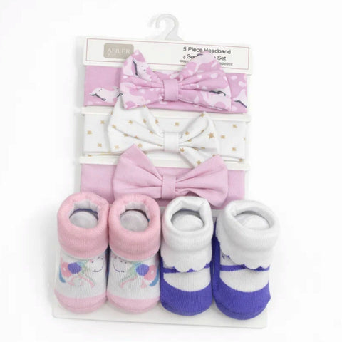 Aifeier - 5 Pieces - Headband & Socks Gift Set - (0-9 Months)