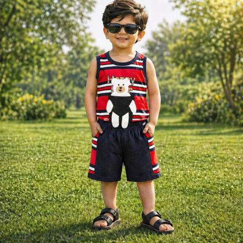 Cotton Jersey - Sando & Short - Red & Navy - Happy Bear