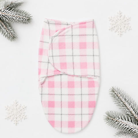 Imported Plush Fleece Newborn Adjustable Swaddle Wrap – Pink Check | Soft Infant Baby Wrap 19×13 Inches