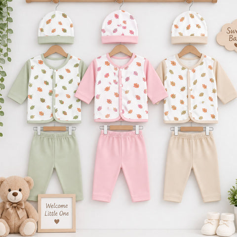 9 Pieces Newborn Fleece Clothing Set for Winter – 3 Shirts, 3 Trousers & 3 Caps | White Leaves
