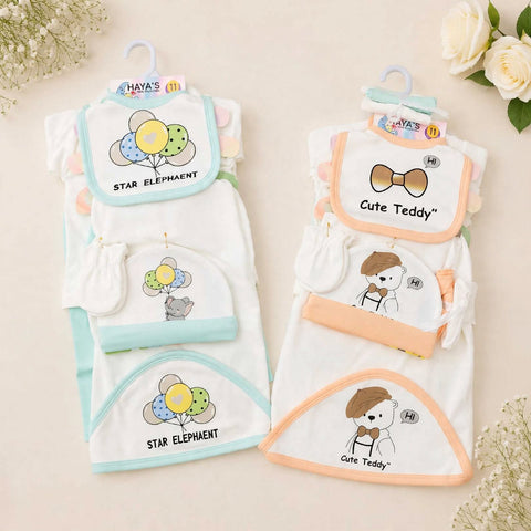 Newborn Welcome Bundle - Pack of 2 Starter Sets - Green Elephant & Peach Teddy