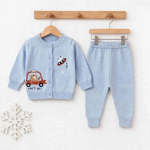 Imported Wool Baby Suit Set – Buttoned Shirt & Trouser Blue Car | Winter Clothing Set | 0–2 Years
