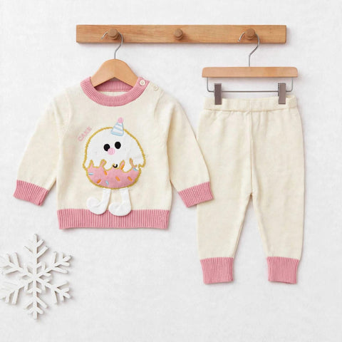 Imported Wool Baby Suit Set – Buttoned Shirt & Trouser Pink & Brown Cartoon | Winter Clothing Set | 0–2 Years