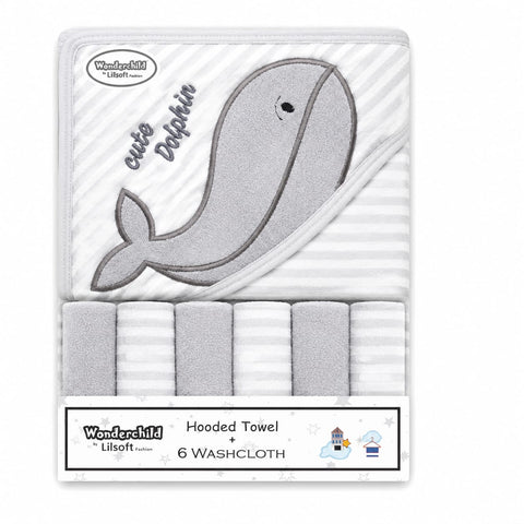 Newborn Bath Towel Gift Set - 7 Pieces - Grey - Dolphin