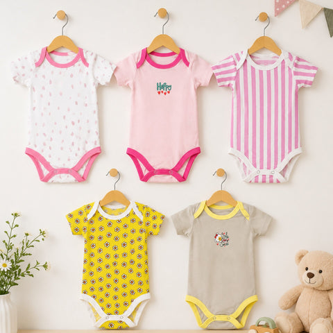 Junior's - Pack of 5 - Short Sleeve Bodysuits - Yellow - Flowers
