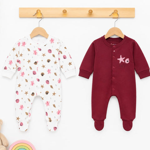 Close Feet Rompers - Pack of 2 - Maroon & White - Starfish - TBS