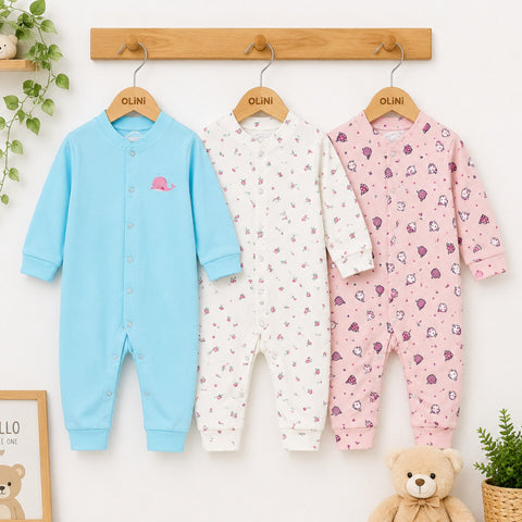 Carte - Cotton Interlock - Pack of 3 - Long Sleeve Open Feet - Sleep Suits - Sky & Flowers