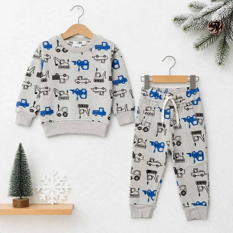 Kids Fleece Winter Suit Set Light Grey Transport – 2 Piece Shirt & Trouser – 18 Months to 5 Years