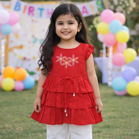 P&P - Short Sleeve - Embroidered Frock - Red - Three Flowers