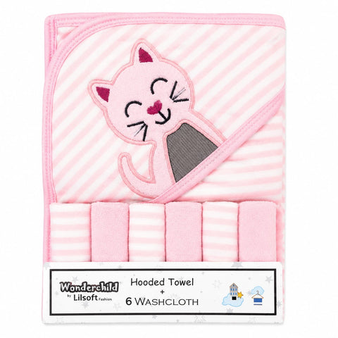 Newborn Bath Towel Gift Set - 7 Pieces - Pink - Cat