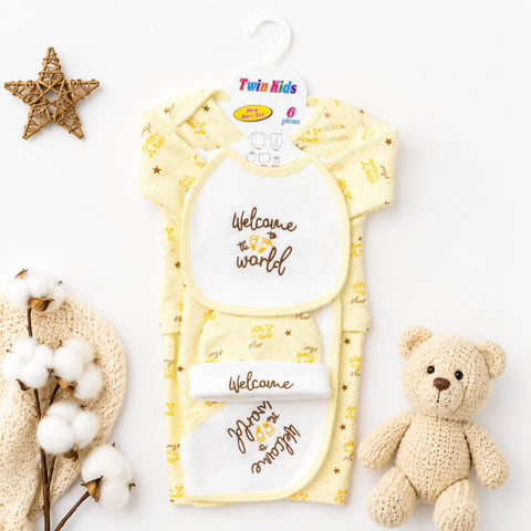 A baby gift set from Twin Kids featuring a yellow short-sleeve romper and matching bib set with 'Welcome to the world' and 'Jr. & Miss.