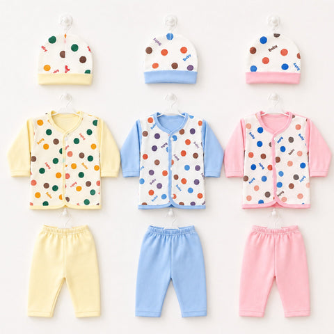 Three baby clothing sets hanging on white hangers against a plain light background. Each set includes a long-sleeve button-front romper, pants, and hat.