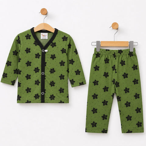 Cotton Jersey Night Suit for Kids – Olive Smile Print Pajama Set | Soft & Comfortable Sleepwear