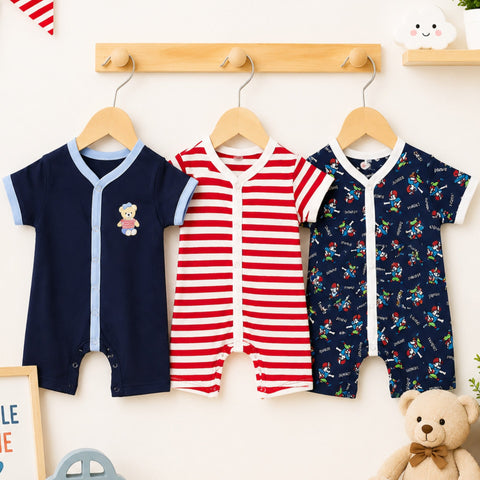 LO - Cotton Jersey - Pack of 3 - Short Leg Rompers - Red & Navy - Stripes & Sunday