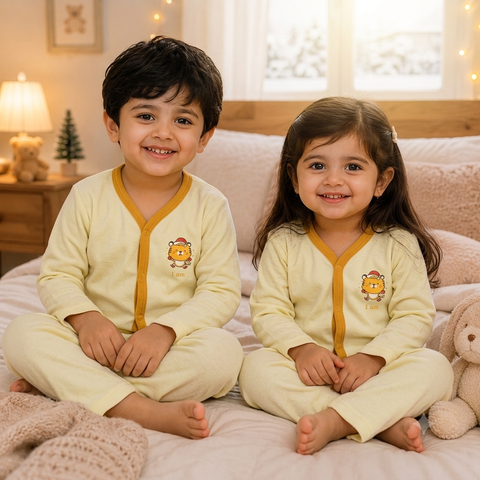 Two children sitting on a bed wearing matching pale yellow pajamas with mustard trim and a small cartoon lion graphic on the chest.