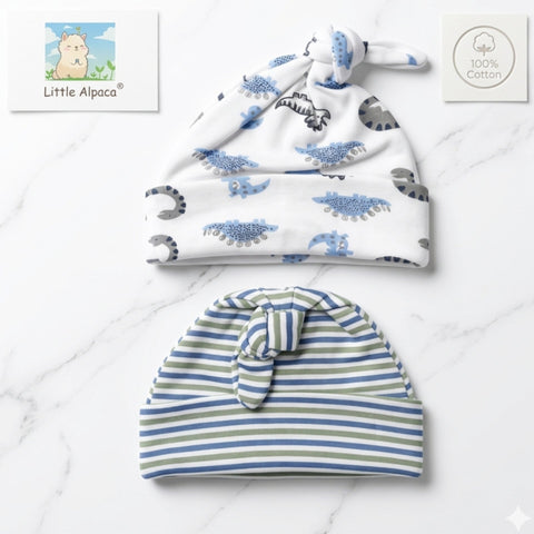 Little Alpaca - Pack of 2 Infant Caps - Stripes & Dinosaurs