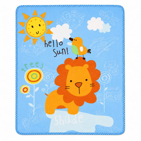 A square baby blanket with rounded corners featuring a colorful cartoon design. The design includes a smiling yellow sun with the text 'hello Sun!', a small bird, a large orange lion cub, and simple line drawings of a plane, camera, and flowers on a light