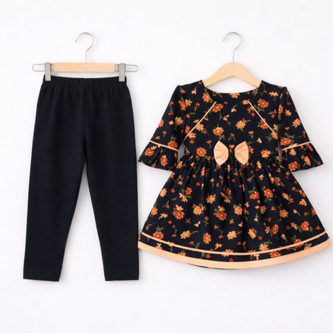 P&P - 2 Pieces - Frock Set - Black - Peach Bow & Flowers