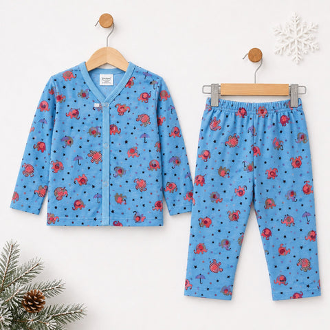 A two-piece baby pajama set featuring a light blue long-sleeve cardigan and matching pants, both decorated with a red octopus and black polka dot pattern. The cardigan has a button-up front, and the pants have an elastic waistband.