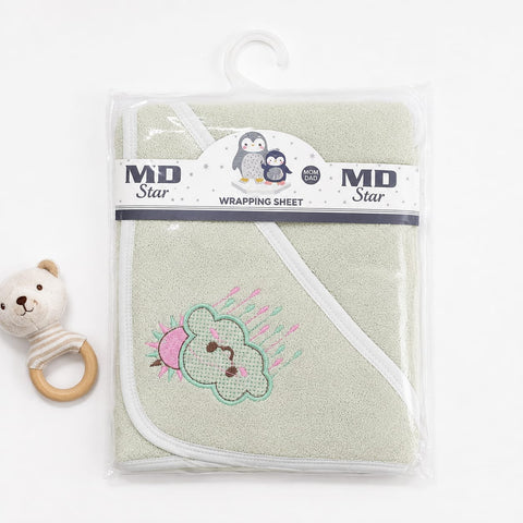 A packaged baby hooded towel in a pale sage green color, featuring a stitched cloud and bird design on the front. The product is wrapped in a clear plastic sleeve with a white and navy MD Star brand label and hanging tab, set against a plain white backgro
