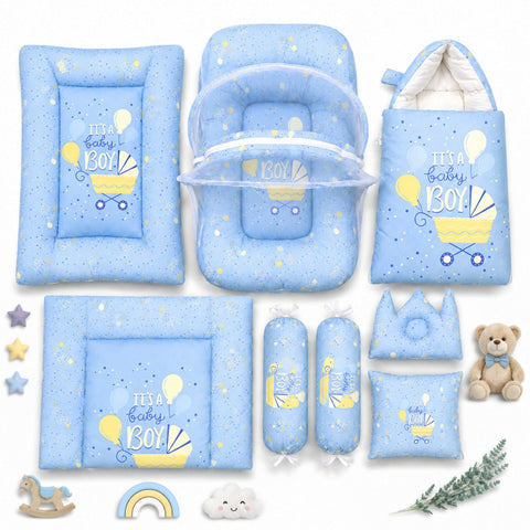 8 Pieces - Cotton Bedding Set - Blue - Cart & Boy - 26