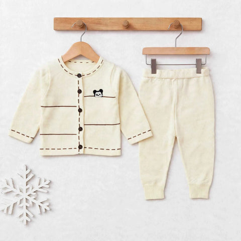 Imported Wool Baby Suit Set – Buttoned Shirt & Trouser Off White Bear | Winter Clothing Set | 0–2 Years