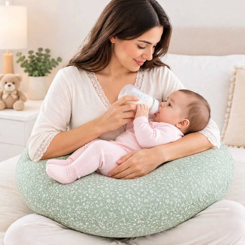 A woman in a white lace-trim top sits on a bed using a large mint green floral nursing pillow to support a baby dressed in a pink outfit while the baby drinks from a bottle.
