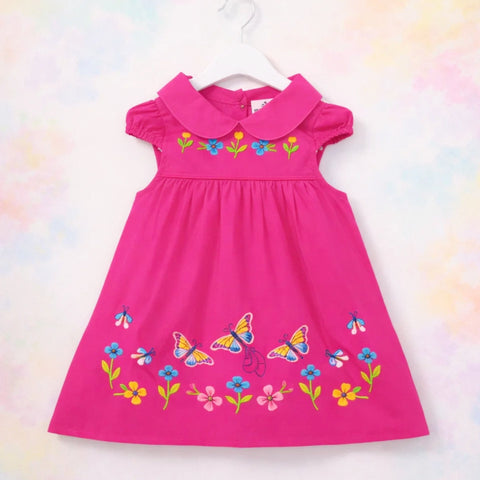 PR - Embroidered Frock - Pink - Butterfly & Flowers