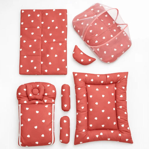 Newborn Cotton Bedding Set - 8 Pieces - Hearts - Rust