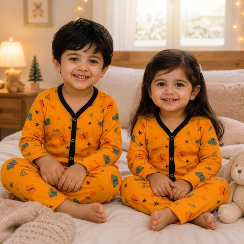 Two children sitting cross-legged on a bed wearing matching orange pajamas with a black V-neck trim and a playful print of stars, trees, and small vehicles.
