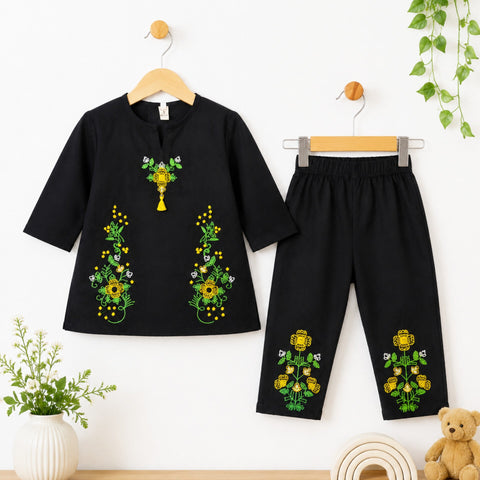 P&P - 2 Pieces - Kurti Set - Black - Embroidered Floral