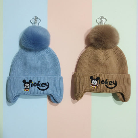 Pack of 2 Woolen Baby Caps – Blue & Brown | Pom Mickey | 6–18 Months