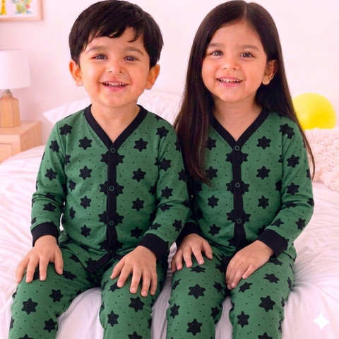 Cotton Jersey Night Suit - Dark Green- Smiley Star - 26 - TBS