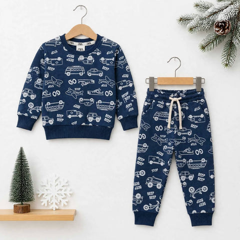 Kids Fleece Winter Suit Set Dark Blue Transport – 2 Piece Shirt & Trouser – 18 Months to 5 Years