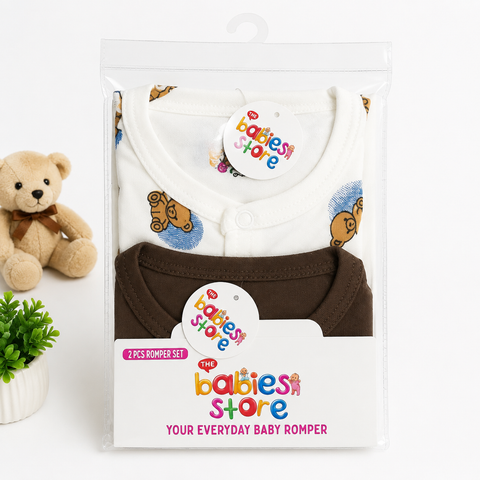 Close Feet Rompers - Pack of 2 - Brown & White - Bear - TBS