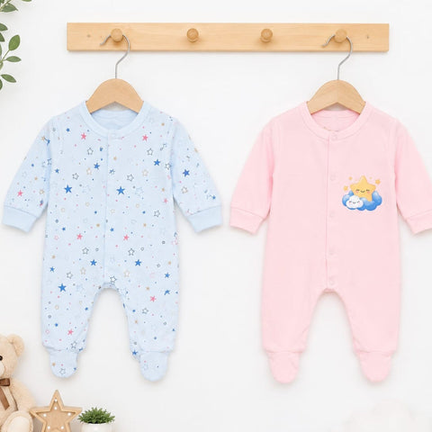 Close Feet Rompers - Pack of 2 - Blue & Pink - Stars - TBS