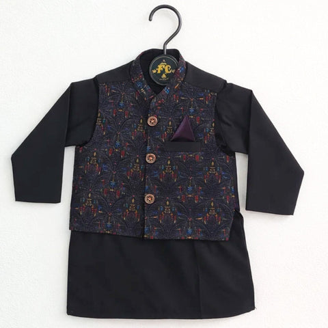 FC - 3 Pieces - Wash N Wear - Waist Coat Kurta Shalwar - Black - Multi Floral (0-6 Months)