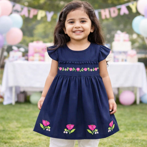 P&P - Short Sleeve - Embroidered Frock - Navy - Strip Flowers & Leaves