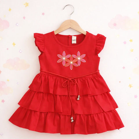 P&P - Short Sleeve - Embroidered Frock - Red - Three Flowers