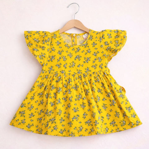 PR - Printed Frock - Yellow - Green Leaves & Blue Flowers